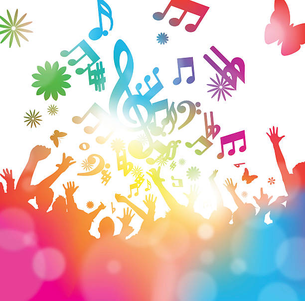 ilustrações de stock, clip art, desenhos animados e ícones de abstrato music festival multidão a celebrar. - light waving rainbow vector