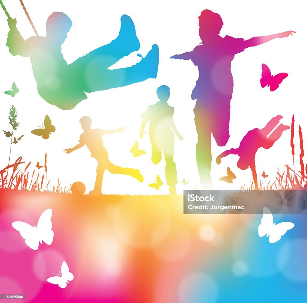 Abstract Boys Playing in Beautiful Summer Haze. Colorful abstract illustration of a Young Boys Playing, Running and Leaping through a haze of summer blurs. Child stock vector