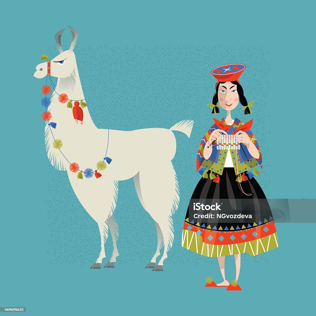 Lama Alpaca y punto peruano mujer. - arte vectorial de Cultura de indios norteamericanos libre de derechos