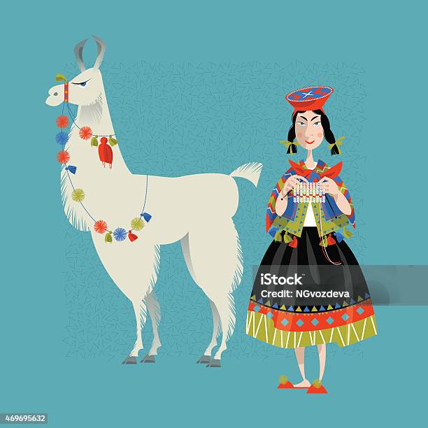 Ilustración de Lama Alpaca Y Punto Peruano Mujer y más Vectores Libres de Derechos de Cultura de indios norteamericanos - Cultura de indios norteamericanos, Silueta, Borla