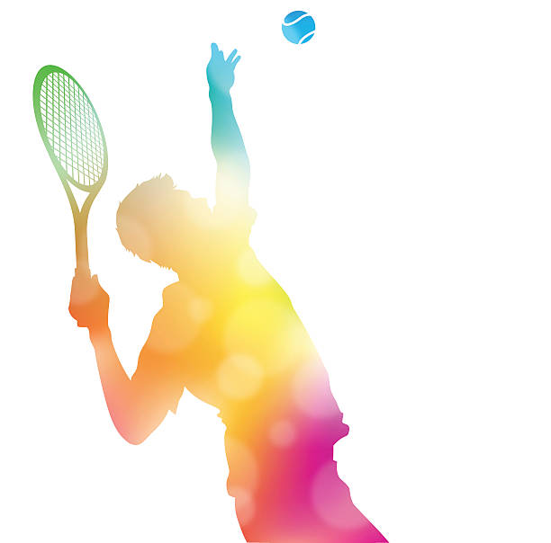 ilustraciones, imágenes clip art, dibujos animados e iconos de stock de abstract jugador de tenis se sirve en la hermosa ciudad de verano de opacidad. - tennis court vector tennis racket