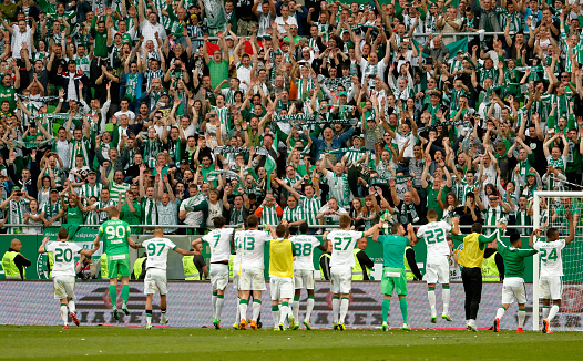 Budapest, Hungary - April 12, 2015: The teammates of Ferencvaros thank for the supporting of the fans during Ferencvaros vs. Ujpest OTP Bank League football match in Groupama Arena.