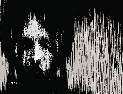 Black and white illustration of a spooky ghost woman.