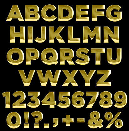 Gold letters, numbers, and punctuation symbols. Complete golden alphabet. Clipping path included for easy selection.