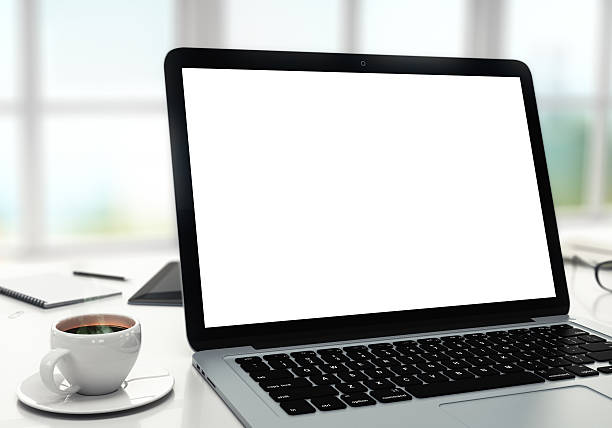 istock Laptop with blank screen on a table with black coffee 469706750