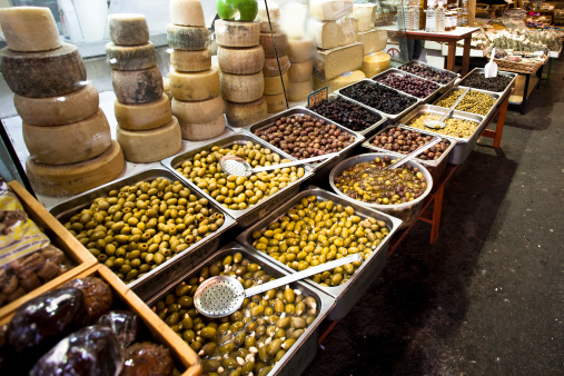 Cheese and olives on a market in Chania, Greece