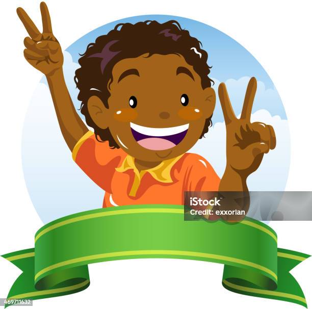 Teenage Boy Showing Victory Gesture With Ribbon Banner Stock Illustration - Download Image Now