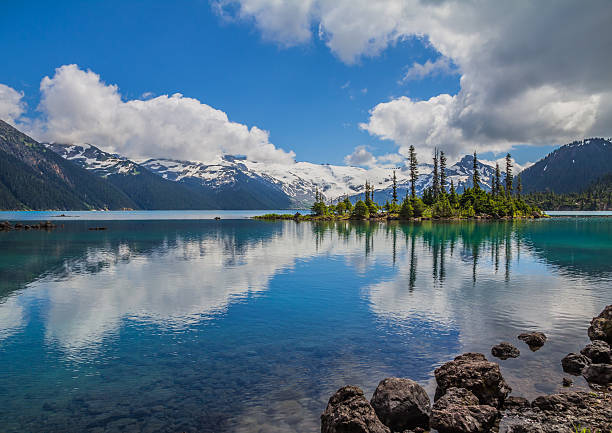 istock Turquoise Garibaldi Lake reflects mountains & trees, Whistler 469712042