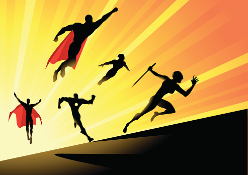 A silhouette style vector illustration of a superhero team charging up ahead to face the enemies with a sunburst effect in the background