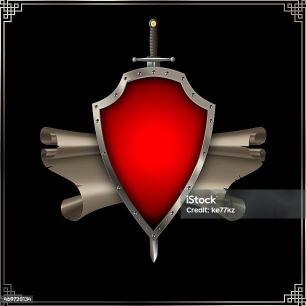 Ancient Shield And Sword And Scroll Of Parchment Stock Illustration - Download Image Now - 2015, Ancient, Antique