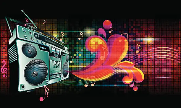 Vector illustration of Boom box on bright colorful background