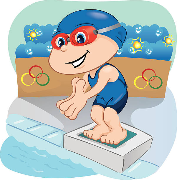 illustrazioni stock, clip art, cartoni animati e icone di tendenza di nuoto atleta/a figlio/a di preparare per accedere alla piscina - bruno arena