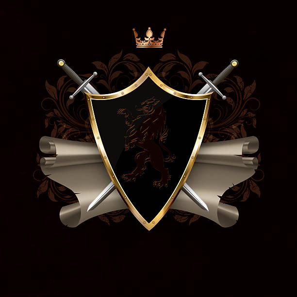 앤시언트 막다, heraldic 사자, 스크롤하다, swords. - lion coat of arms shield backgrounds stock illustrations
