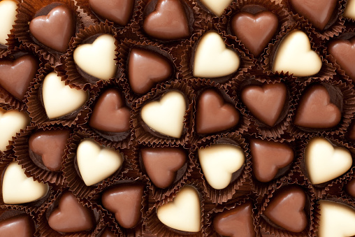 Top view of group of chocolate hearts
