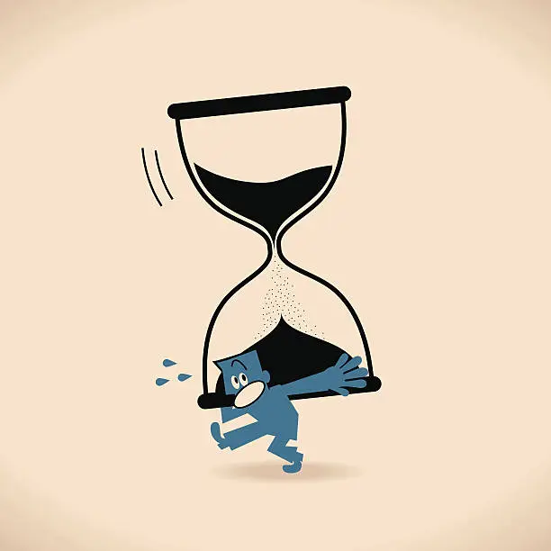 Vector illustration of Nervous man (businessman) carrying (holding) hourglass and walking (running)