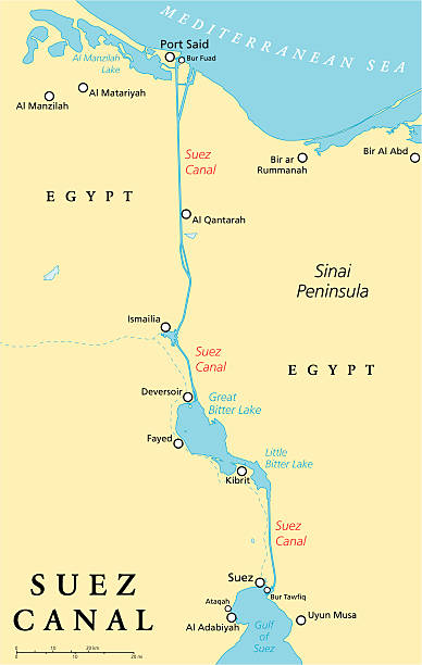 Suez Canal Political Map Suez Canal Political Map. Artificial sea-level waterway in Egypt, connecting the Mediterranean Sea and the Red Sea. English labeling and scaling. Illustration. Canal stock illustrations