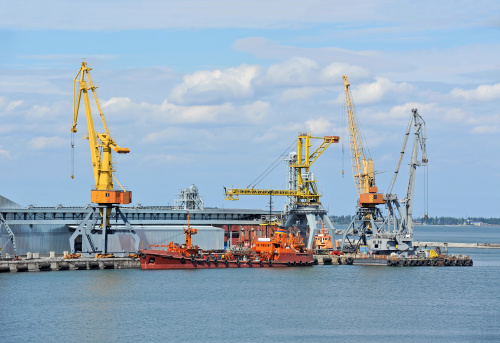 Bunker ship (fuel replenishment tanker) under port crane, Odessa, Ukraine