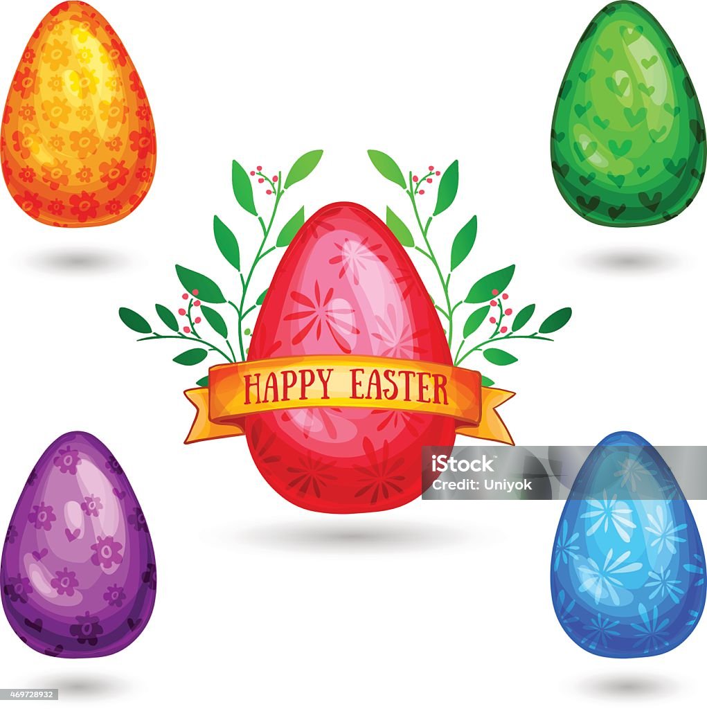 Set of color, shiny eggs. Ribbon with text Happy Easter. Set of color, shiny eggs with a simple pattern. Ribbon with text Happy Easter. Vector. 2015 stock vector