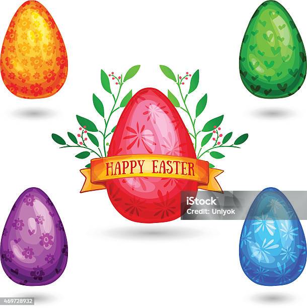 Set Of Color Shiny Eggs Ribbon With Text Happy Easter Stock Illustration - Download Image Now