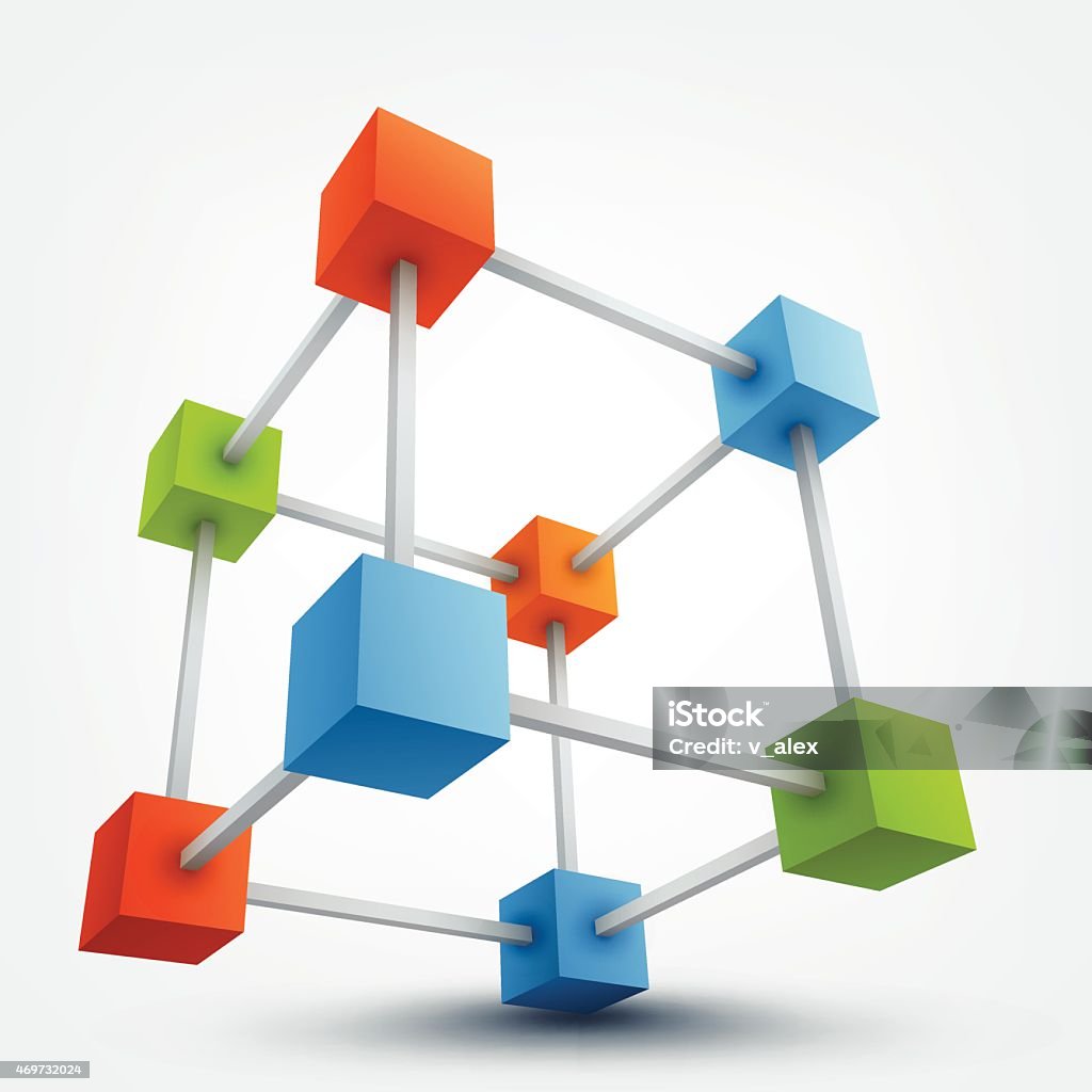 Vector illustration of 3d cubes Vector illustration of colored 3d cubes with connections. This file is EPS10 vector and it includes gradient meshes, blending modes and transparency effects. 2015 stock vector