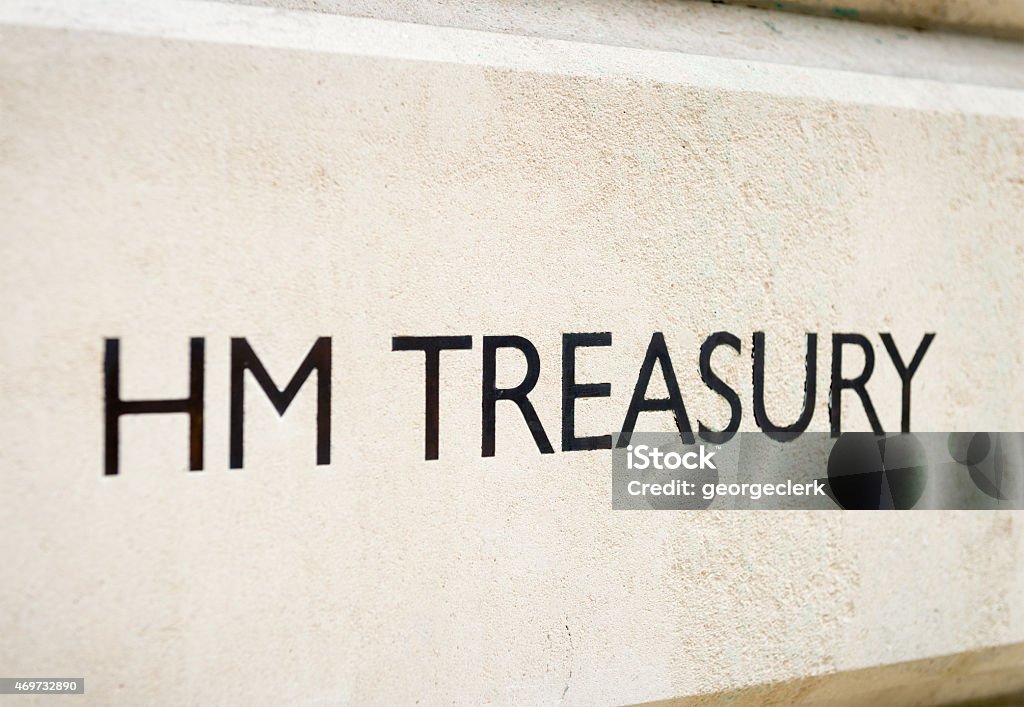 HM Treasury Sign A sign in Whitehall, London, for the UK Treasury Government department. Chancellor of The Exchequer Stock Photo