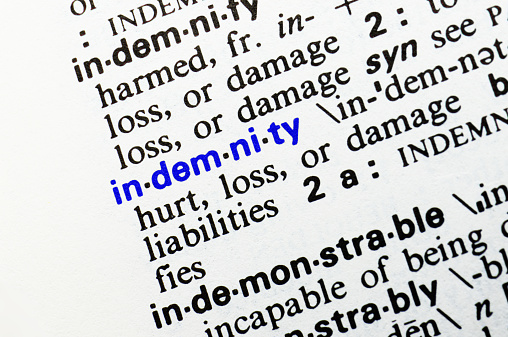 Indemnity. Closeup of dictionary word entry.
