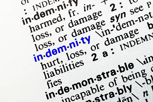 Indemnity. Closeup of dictionary word entry. stock photo