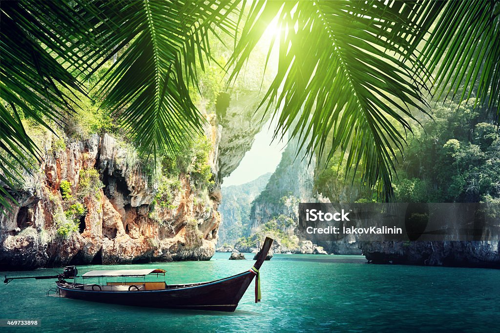 A long boat docked on beach in Krabi, Thailand summers long boat and rocks on railay beach in Krabi, Thailand Thailand Stock Photo