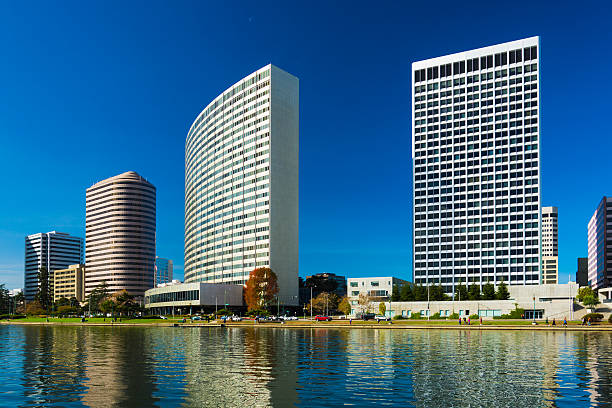 City of Oakland, California with Lake Merritt in foreground.
