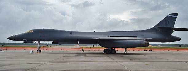 B-1 Lancer/Bone Bomber Panama City, USA - April 11, 2015: A U.S. Air Force B-1 "Bone"/"Lancer" Bomber on the runway at Tyndall Air Force Base. This B-1 is assigned to the 7th Bomber Wing at Dyess Air Force Base.  b1 bomber stock pictures, royalty-free photos & images