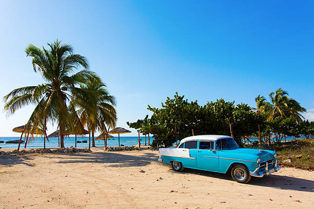 istock Classic blue car on the beach in Cuba 469739618