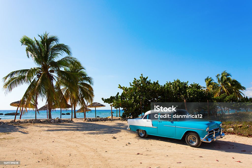Classic blue car on the beach in Cuba Old classic car on the beach of Cuba Cuba Stock Photo