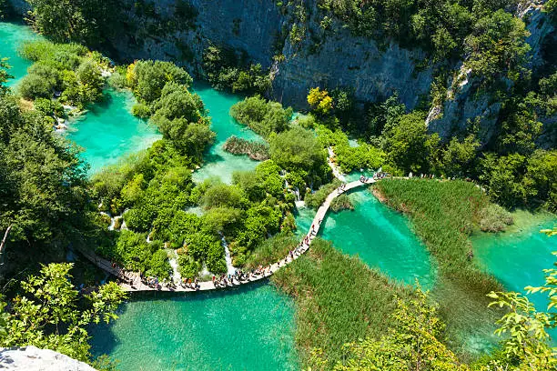 Tourists go on special tracks around the lake in the park Plitvice Lakes, Croatia. Plitvice Lakes - National Park in Croatia, located in the central part of the country. Since 1979, the national park "Plitvice Lakes" is included in the register of "World Heritage" by UNESCO. Initially, the park was not available to visitors, but were subsequently built wooden walkway and ecological transport running on electricity. Plitvice lakes are very popular among tourists.