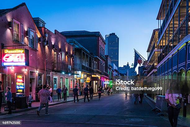 Perspective Shot Of Bourbon Street At Dusk In New Orleans Stock Photo - Download Image Now