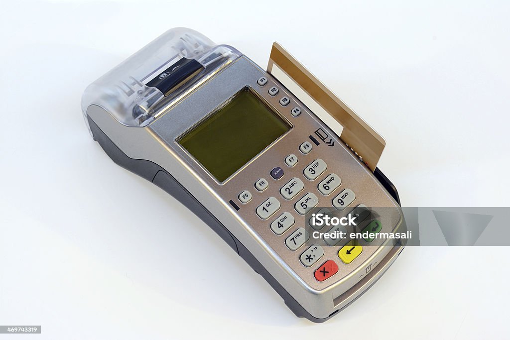 Credit Card Pos Machine Macro close up shot with Pos terminal keys and a credit card Magnet Stock Photo