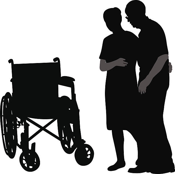 TakingItSlow A silhouette illustration of a nurse assisting an elderly man to his wheelchair. patience stock illustrations