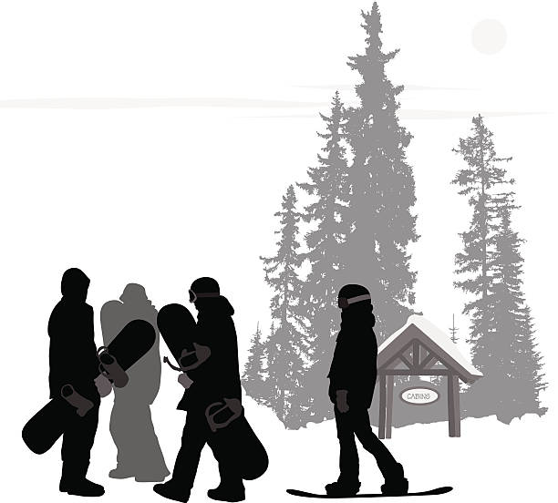 SpringSnowboarders A silhouette illustration of snowboarders before acending the hill. Two people carry their snowboards, and one glides on a board. Trees and a snow capped sign are in the background. kids snow suits stock illustrations