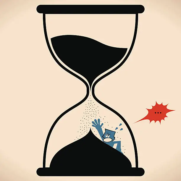 Vector illustration of Man inside hourglass ( flooded in sand clock), time running out