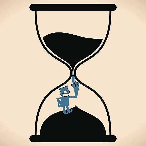 Vector illustration of Man in hourglass with hand on hip, stopping sand timer