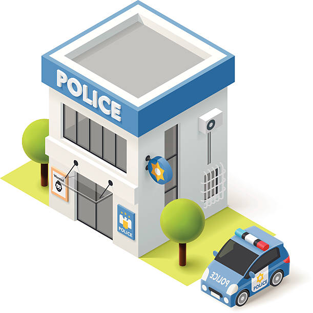 Vector isometric police department Vector isometric police department building icon police station stock illustrations