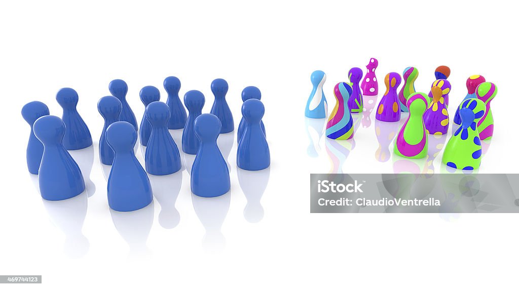 innovative team multi colored pawns opposite to blue ones Abstract Stock Photo