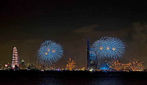 Blue New Years fireworks bursting over Dubai