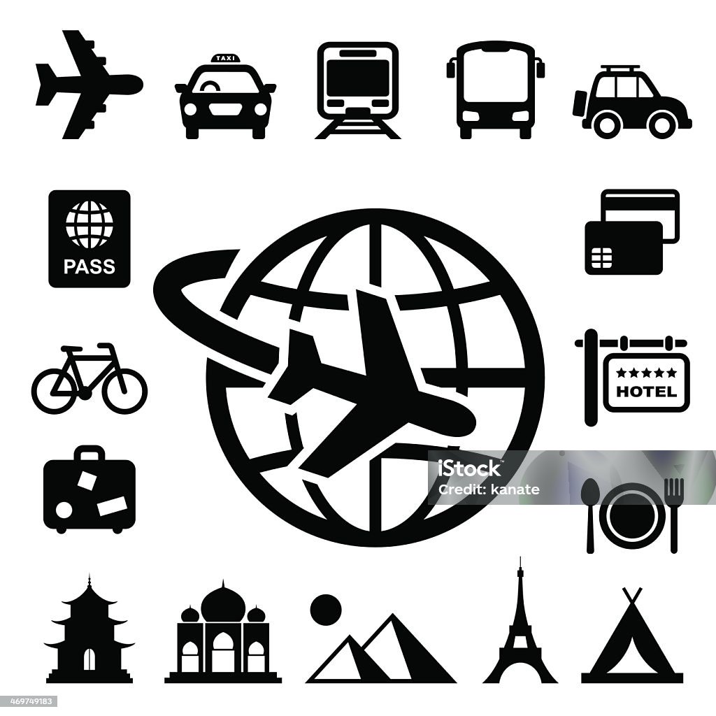 Set of black monochromatic travel and vacation related icons Travel and vacation Icons set .Illustration eps10 Icon Symbol stock vector