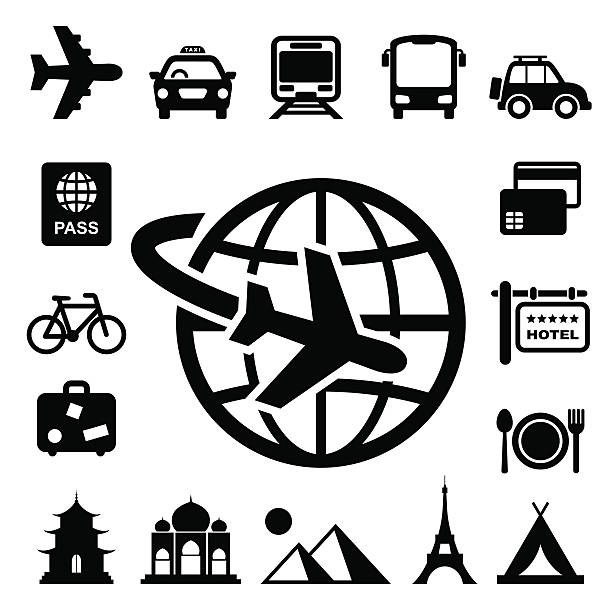 Set of black monochromatic travel and vacation related icons Travel and vacation Icons set .Illustration eps10 journey clipart stock illustrations