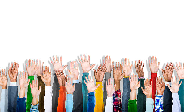 istock Group Of Multi-Ethnic People's Arms Outstretched In A White Back 469750344