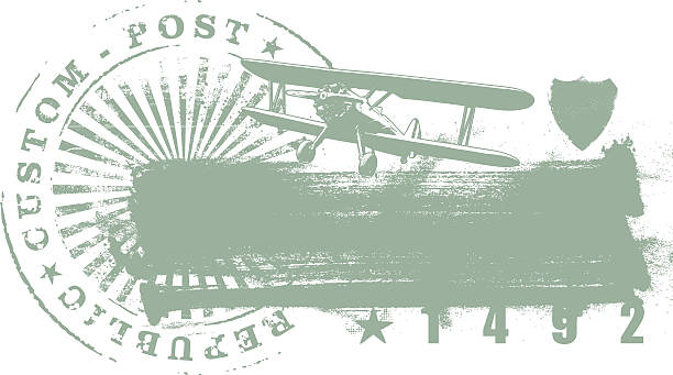 stencil and grunge inky banner with lot of copy space and some vintage elements like seal and old plane
