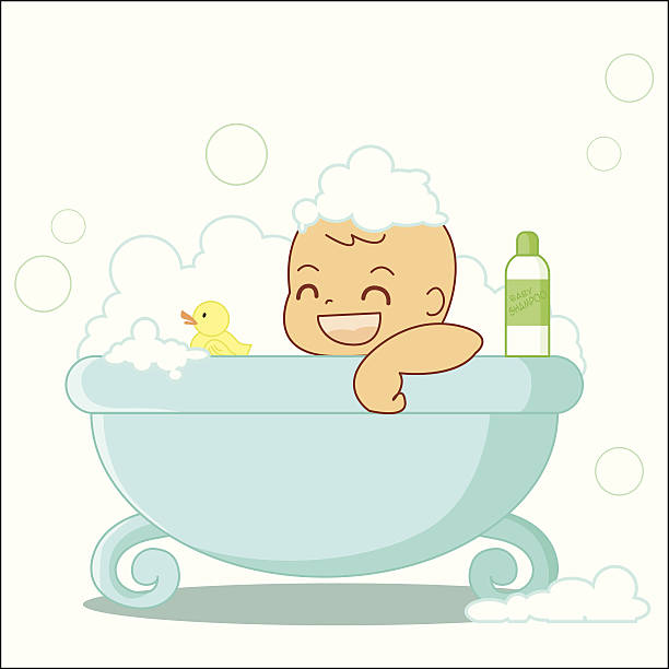 baby having bath vector art illustration