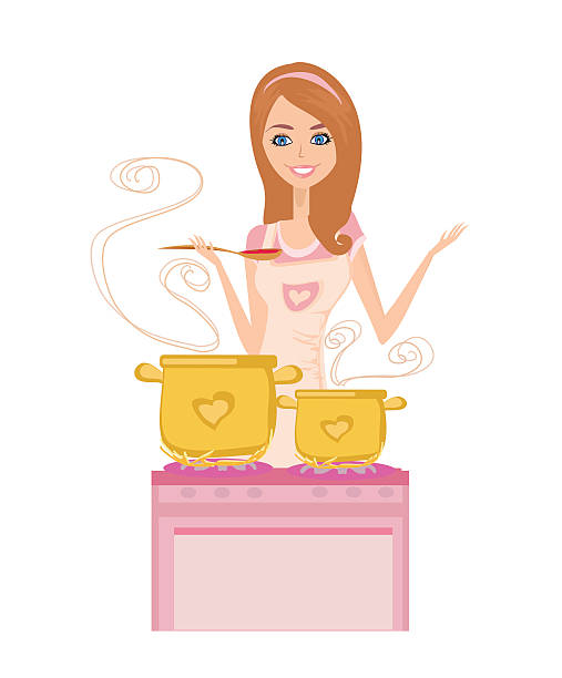 Beautiful lady cooking soup vector art illustration