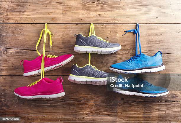Sneakers On The Floor Stock Photo - Download Image Now - 2015, Backgrounds, Blue