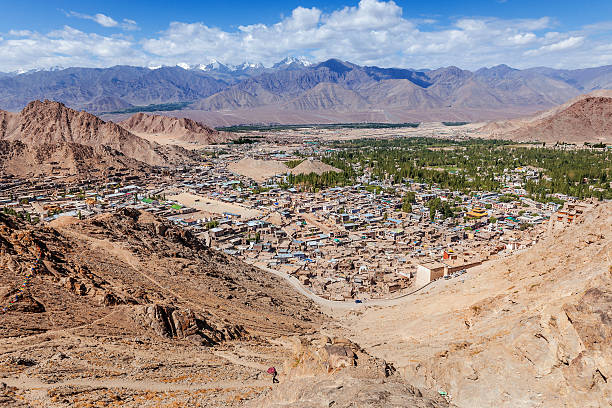 View of Leh Valley with Stok Kangri Ladakh, India View of Leh Valley(Stok Kangri mountain on the right) and road to Khardung La Pass(39km from Leh, altitude 5359m), Ladakh, northern India. stok kangri stock pictures, royalty-free photos & images